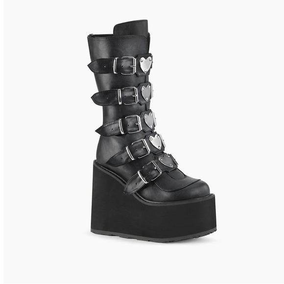 Demonia SWING-230 Platform Goth Black Heart Buckle Boots - Picture 1 of 5